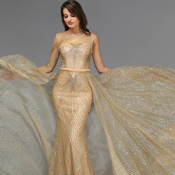 High End Gold Durchsichtige Roter Teppich Abendkleider 2020 Meerjungfrau One-Shoulder Lange Ärmel Pailletten Glanz Organza Stoffgürtel Sweep / Pinsel Zug Rüschen Festliche Kleider
