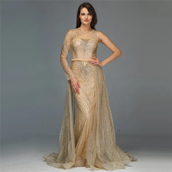 High End Gold Durchsichtige Roter Teppich Abendkleider 2020 Meerjungfrau One-Shoulder Lange Ärmel Pailletten Glanz Organza Stoffgürtel Sweep / Pinsel Zug Rüschen Festliche Kleider