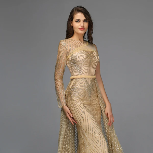 High End Gold Durchsichtige Roter Teppich Abendkleider 2020 Meerjungfrau One-Shoulder Lange Ärmel Pailletten Glanz Organza Stoffgürtel Sweep / Pinsel Zug Rüschen Festliche Kleider