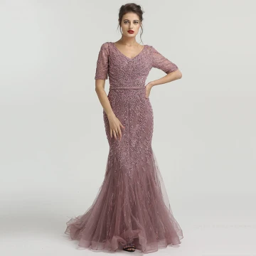 High End Purple Organza See Through Evening Dresses 2020 Trumpet Mermaid V Neck Short Sleeve Handmade Beading Feather Sweep Train Ruffle Formal Dresses