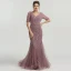High-end Purple Organza See-through Evening Dresses  2020 Trumpet / Mermaid V-Neck Short Sleeve Handmade  Beading Feather Sweep Train Ruffle Formal Dresses
