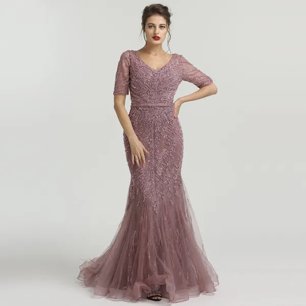 High-end Purple Organza See-through Evening Dresses  2020 Trumpet / Mermaid V-Neck Short Sleeve Handmade  Beading Feather Sweep Train Ruffle Formal Dresses