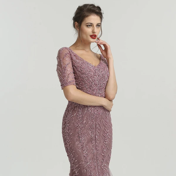 High-end Purple Organza See-through Evening Dresses 2020 Trumpet / Mermaid V-Neck Short Sleeve Handmade Beading Feather Sweep Train Ruffle Formal Dresses