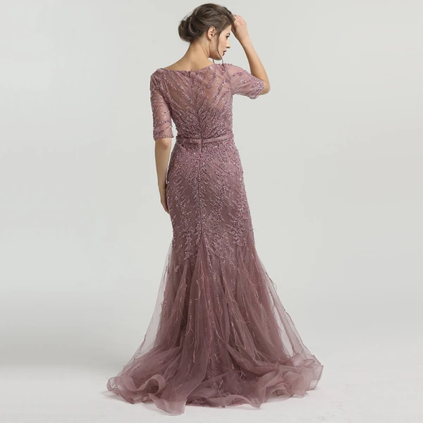 High-end Purple Organza See-through Evening Dresses 2020 Trumpet / Mermaid V-Neck Short Sleeve Handmade Beading Feather Sweep Train Ruffle Formal Dresses