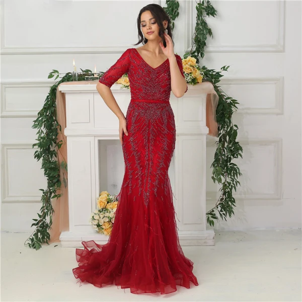 High-end Purple Organza See-through Evening Dresses 2020 Trumpet / Mermaid V-Neck Short Sleeve Handmade Beading Feather Sweep Train Ruffle Formal Dresses