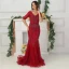 High-end Purple Organza See-through Evening Dresses  2020 Trumpet / Mermaid V-Neck Short Sleeve Handmade  Beading Feather Sweep Train Ruffle Formal Dresses