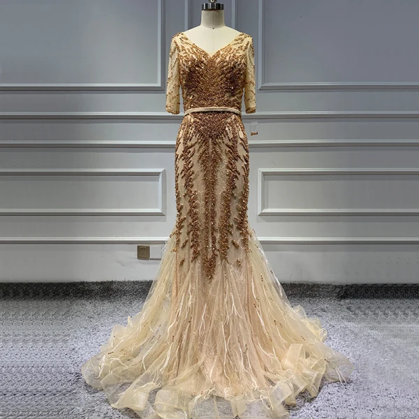 High-end Purple Organza See-through Evening Dresses 2020 Trumpet / Mermaid V-Neck Short Sleeve Handmade Beading Feather Sweep Train Ruffle Formal Dresses