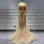 High-end Purple Organza See-through Evening Dresses  2020 Trumpet / Mermaid V-Neck Short Sleeve Handmade  Beading Feather Sweep Train Ruffle Formal Dresses