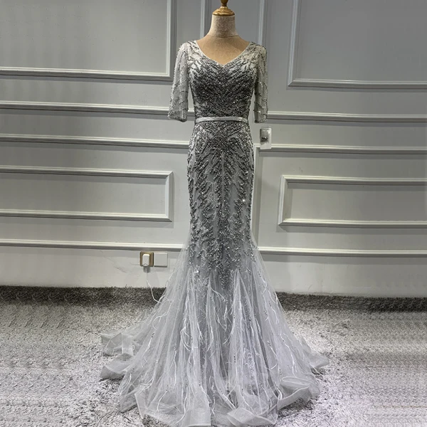 High-end Purple Organza See-through Evening Dresses 2020 Trumpet / Mermaid V-Neck Short Sleeve Handmade Beading Feather Sweep Train Ruffle Formal Dresses