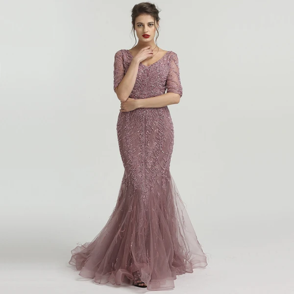 High-end Purple Organza See-through Evening Dresses 2020 Trumpet / Mermaid V-Neck Short Sleeve Handmade Beading Feather Sweep Train Ruffle Formal Dresses