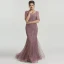 High-end Purple Organza See-through Evening Dresses  2020 Trumpet / Mermaid V-Neck Short Sleeve Handmade  Beading Feather Sweep Train Ruffle Formal Dresses
