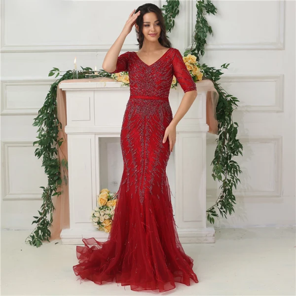 High-end Purple Organza See-through Evening Dresses 2020 Trumpet / Mermaid V-Neck Short Sleeve Handmade Beading Feather Sweep Train Ruffle Formal Dresses