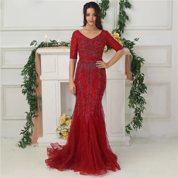 High-end Purple Organza See-through Evening Dresses 2020 Trumpet / Mermaid V-Neck Short Sleeve Handmade Beading Feather Sweep Train Ruffle Formal Dresses