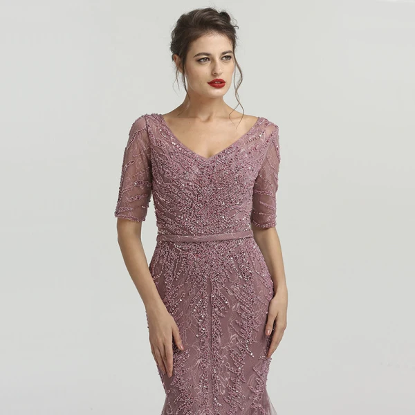 High-end Purple Organza See-through Evening Dresses 2020 Trumpet / Mermaid V-Neck Short Sleeve Handmade Beading Feather Sweep Train Ruffle Formal Dresses