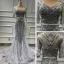 High-end Purple Organza See-through Evening Dresses  2020 Trumpet / Mermaid V-Neck Short Sleeve Handmade  Beading Feather Sweep Train Ruffle Formal Dresses