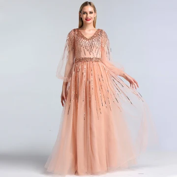 Haut De Gamme Perle Rose Dansant Robe De Bal 2020 Princesse V Cou Gonflée 3 4 Manches Paillettes Perlage Ceinture Longue Volants Dos Nu Robe De Ceremonie