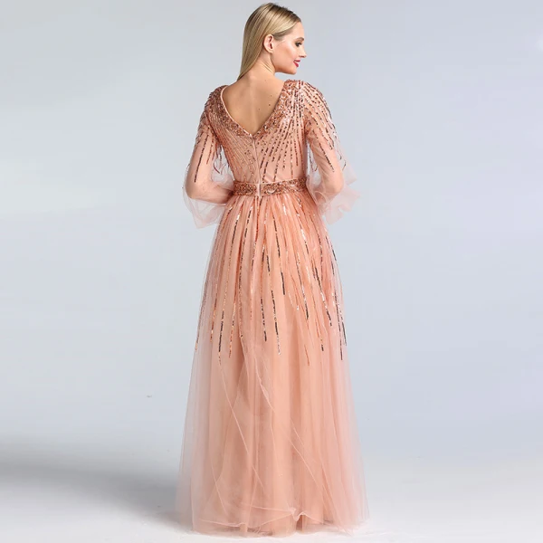 High-end Pearl Pink Dancing Prom Dresses 2020 A-Line / Princess V-Neck Puffy 3/4 Sleeve Sequins Beading Sash Floor-Length / Long Ruffle Backless Formal Dresses