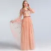 High-end Pearl Pink Dancing Prom Dresses 2020 A-Line / Princess V-Neck Puffy 3/4 Sleeve Sequins Beading Sash Floor-Length / Long Ruffle Backless Formal Dresses