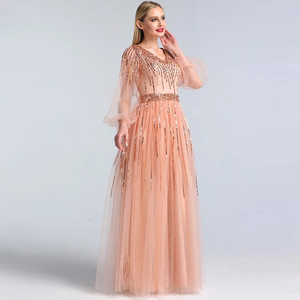 High-end Pearl Pink Dancing Prom Dresses 2020 A-Line / Princess V-Neck Puffy 3/4 Sleeve Sequins Beading Sash Floor-Length / Long Ruffle Backless Formal Dresses