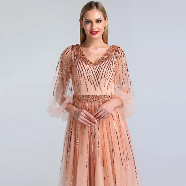 High-end Pearl Pink Dancing Prom Dresses 2020 A-Line / Princess V-Neck Puffy 3/4 Sleeve Sequins Beading Sash Floor-Length / Long Ruffle Backless Formal Dresses