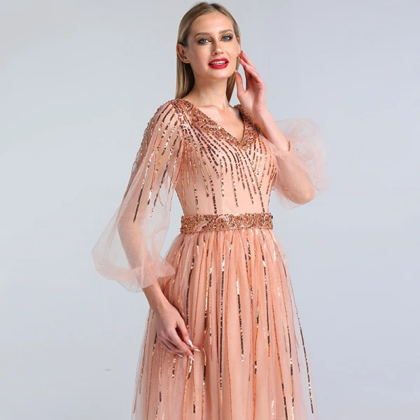 High-end Pearl Pink Dancing Prom Dresses 2020 A-Line / Princess V-Neck Puffy 3/4 Sleeve Sequins Beading Sash Floor-Length / Long Ruffle Backless Formal Dresses