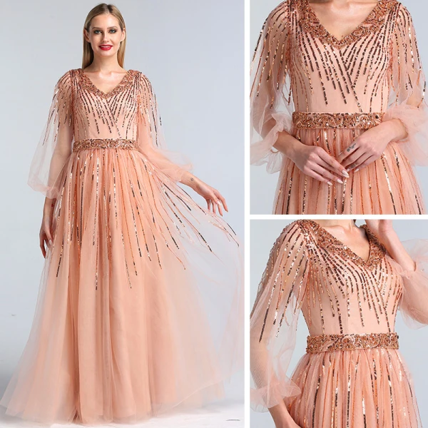 High-end Pearl Pink Dancing Prom Dresses 2020 A-Line / Princess V-Neck Puffy 3/4 Sleeve Sequins Beading Sash Floor-Length / Long Ruffle Backless Formal Dresses