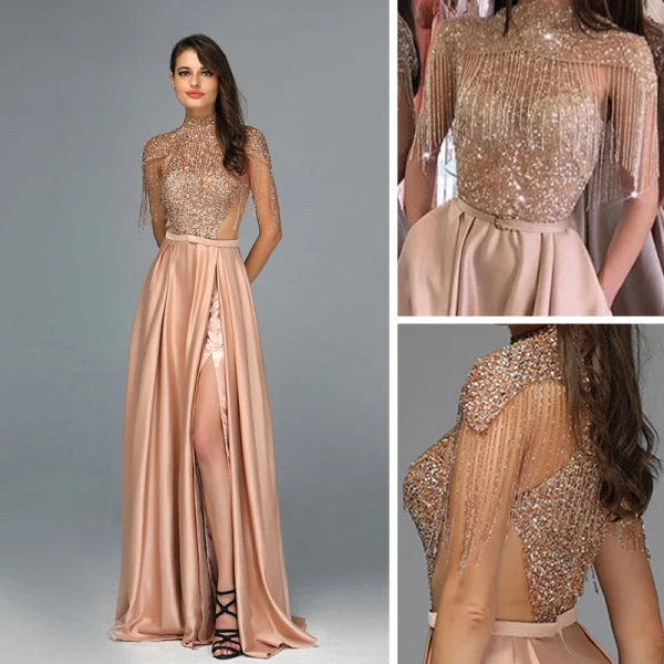 Haut de Gamme Doré Satin Transparentes Robe De Bal 2020 Princesse Col Haut Manches Courtes Ceinture Perlage Gland Fendue devant Longue Volants Robe De Ceremonie