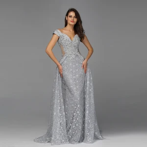 High End Grey See Through Evening Dresses 2020 A Line Princess Off The Shoulder Short Sleeve Appliques Lace Sweep Train Ruffle Backless Formal Dresses