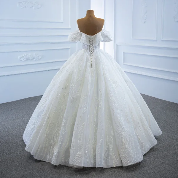 Luxury / Gorgeous White Bridal Wedding Dresses 2020 Ball Gown Off-The-Shoulder Short Sleeve Backless Appliques Lace Beading Sequins Floor-Length / Long Ruffle