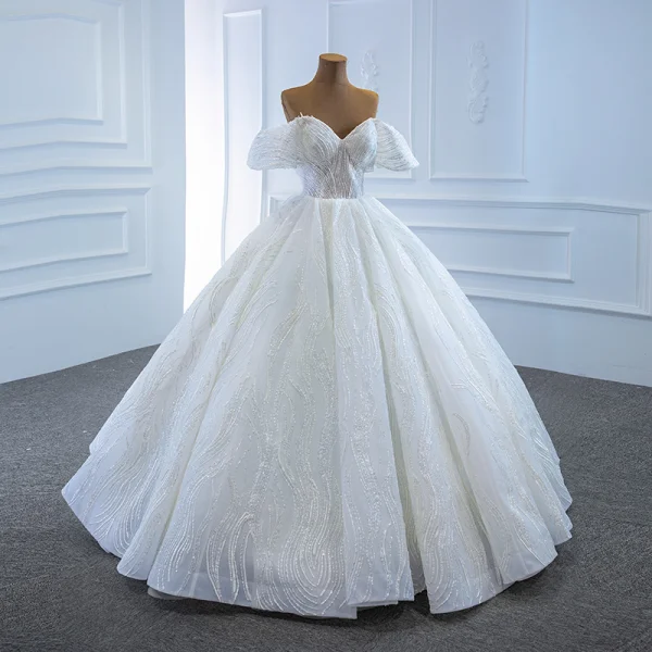Luxury / Gorgeous White Bridal Wedding Dresses 2020 Ball Gown Off-The-Shoulder Short Sleeve Backless Appliques Lace Beading Sequins Floor-Length / Long Ruffle