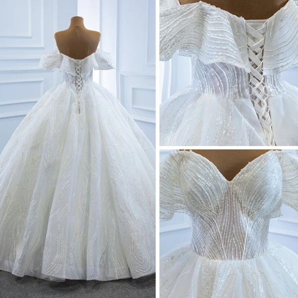 Luxury / Gorgeous White Bridal Wedding Dresses 2020 Ball Gown Off-The-Shoulder Short Sleeve Backless Appliques Lace Beading Sequins Floor-Length / Long Ruffle