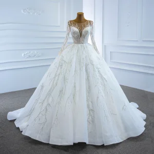 Luxe Blanche La Mariée Robe De Mariée 2020 Robe Boule Transparentes Encolure Dégagée Manches Longues Perlage Paillettes Chapel Train Volants