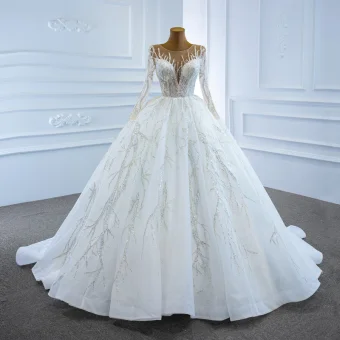 Luxe Blanche La Mariée Robe De Mariée 2020 Robe Boule Transparentes Encolure Dégagée Manches Longues Perlage Paillettes Chapel Train Volants