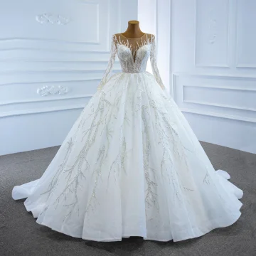 Luxe Blanche La Mariée Robe De Mariée 2020 Robe Boule Transparentes Encolure Dégagée Manches Longues Perlage Paillettes Chapel Train Volants