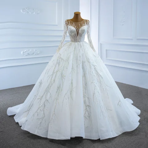 Luxury / Gorgeous White Bridal Wedding Dresses 2020 Ball Gown See-through Scoop Neck Long Sleeve Beading Sequins Chapel Train Ruffle