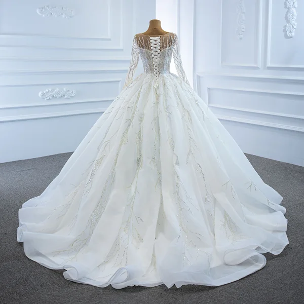 Luxury / Gorgeous White Bridal Wedding Dresses 2020 Ball Gown See-through Scoop Neck Long Sleeve Beading Sequins Chapel Train Ruffle