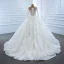Luxury / Gorgeous White Bridal Wedding Dresses 2020 Ball Gown See-through Scoop Neck Long Sleeve Beading Sequins Chapel Train Ruffle
