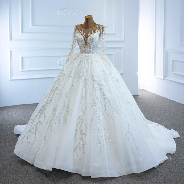 Luxury / Gorgeous White Bridal Wedding Dresses 2020 Ball Gown See-through Scoop Neck Long Sleeve Beading Sequins Chapel Train Ruffle