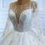 Luxury / Gorgeous White Bridal Wedding Dresses 2020 Ball Gown See-through Scoop Neck Long Sleeve Beading Sequins Chapel Train Ruffle