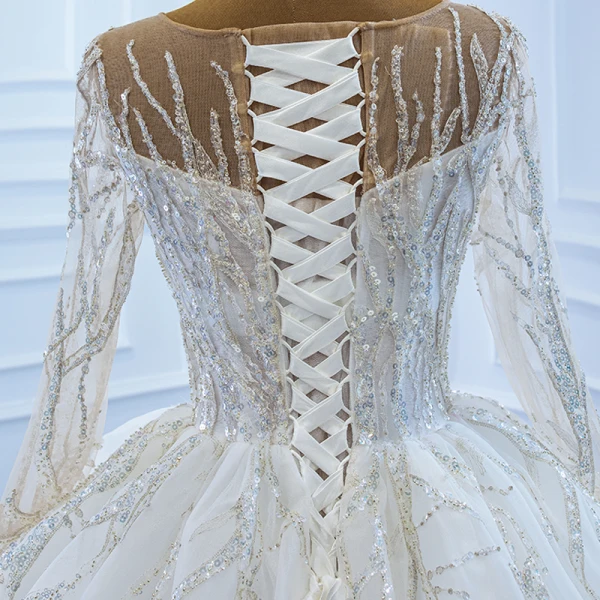 Luxury / Gorgeous White Bridal Wedding Dresses 2020 Ball Gown See-through Scoop Neck Long Sleeve Beading Sequins Chapel Train Ruffle