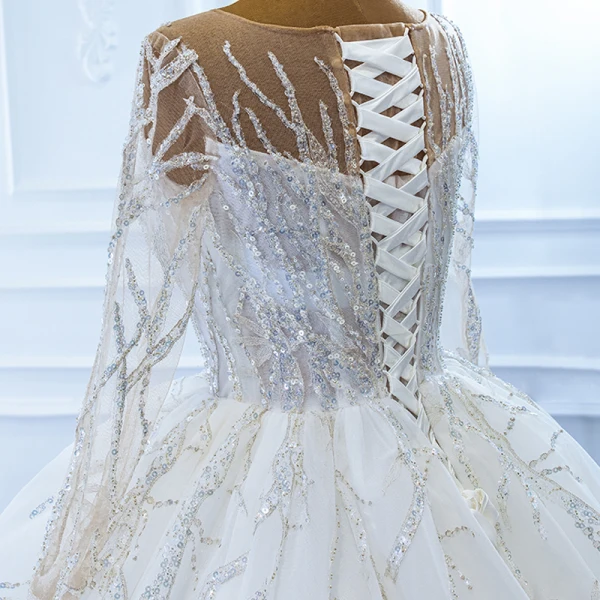 Luxury / Gorgeous White Bridal Wedding Dresses 2020 Ball Gown See-through Scoop Neck Long Sleeve Beading Sequins Chapel Train Ruffle