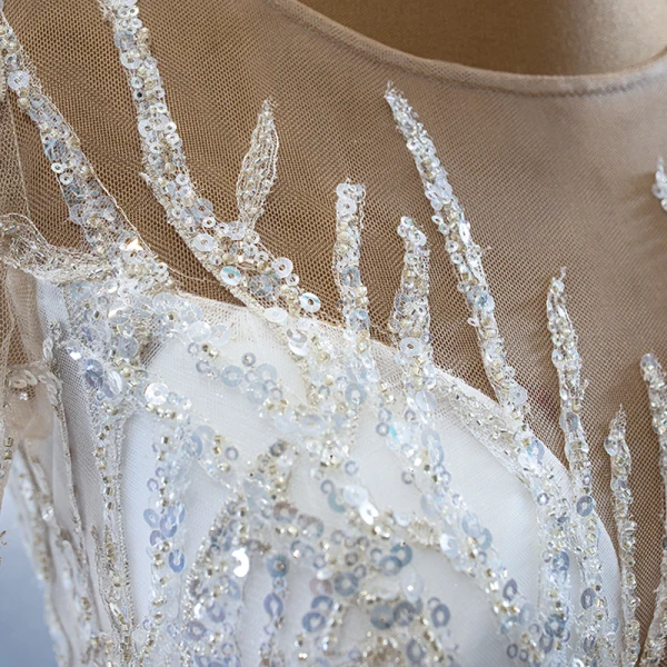 Luxury / Gorgeous White Bridal Wedding Dresses 2020 Ball Gown See-through Scoop Neck Long Sleeve Beading Sequins Chapel Train Ruffle