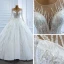 Luxury / Gorgeous White Bridal Wedding Dresses 2020 Ball Gown See-through Scoop Neck Long Sleeve Beading Sequins Chapel Train Ruffle