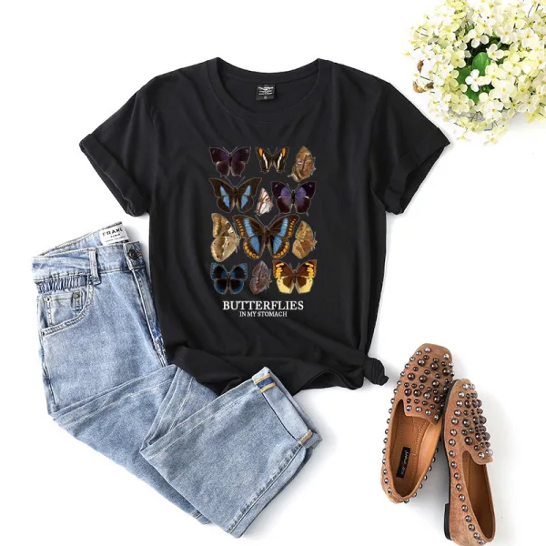 Fashion Street Wear Khaki Summer Loose Butterfly Printing Cotton T-Shirts 2021 Scoop Neck Short Sleeve Women's Tops T-shirt