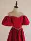 Vintage / Retro Red Beading Pearl Satin Prom Dresses 2024 A-Line / Princess Off-The-Shoulder Puffy Short Sleeve Backless Bow Floor-Length / Long Formal Dresses