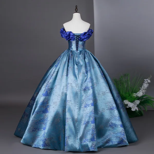 Elegant Sky Blue Prom Dresses 2026 Ball Gown Ruffle Strapless Sleeveless Backless Floor-Length / Long Formal Dresses