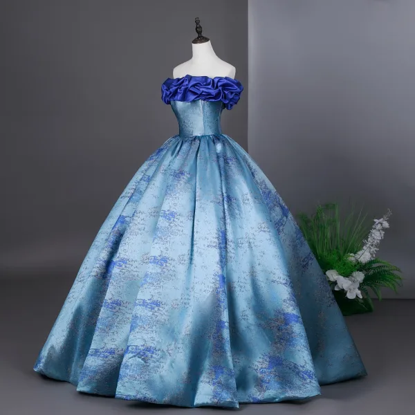 Elegant Sky Blue Prom Dresses 2026 Ball Gown Ruffle Strapless Sleeveless Backless Floor-Length / Long Formal Dresses