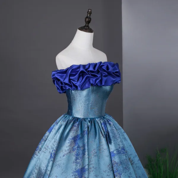 Elegant Sky Blue Prom Dresses 2026 Ball Gown Ruffle Strapless Sleeveless Backless Floor-Length / Long Formal Dresses