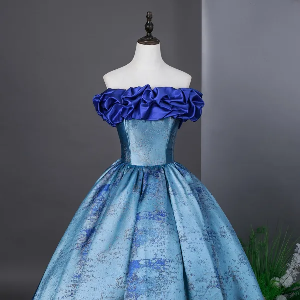 Elegant Sky Blue Prom Dresses 2026 Ball Gown Ruffle Strapless Sleeveless Backless Floor-Length / Long Formal Dresses