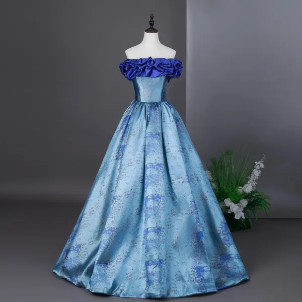 Elegant Sky Blue Prom Dresses 2026 Ball Gown Ruffle Strapless Sleeveless Backless Floor-Length / Long Formal Dresses